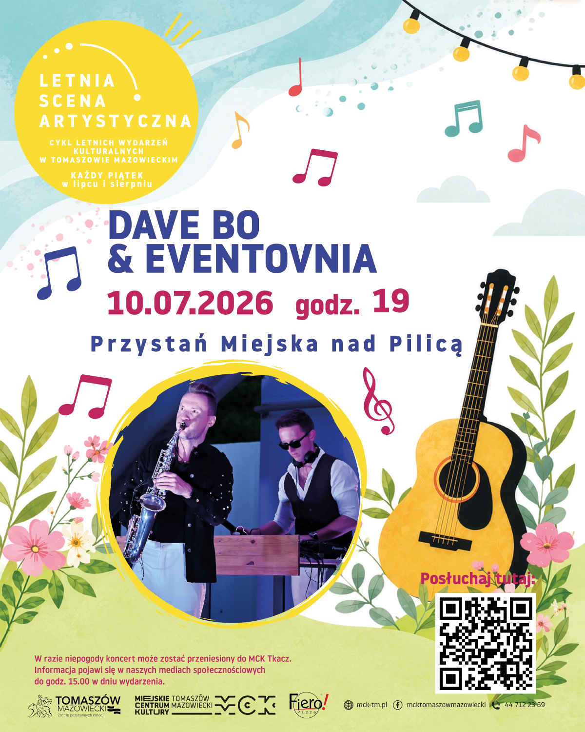 Na zdjęciu plakat zapowiadający koncert Dave Bo i Eventovni. Na plakacie grafika przedstawiająca gitarę klasyczną, nuty  oraz fotosy artystów
