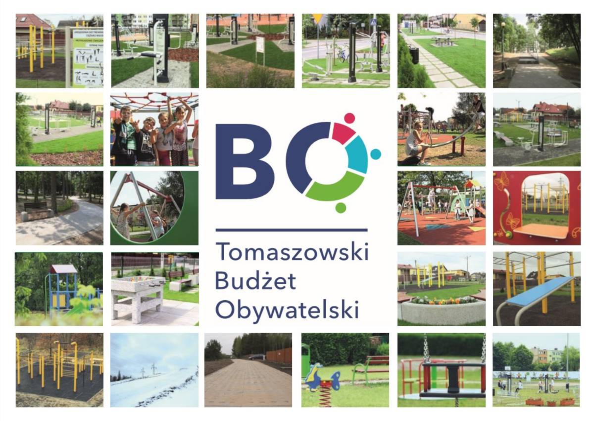 Na zdjęciu baner Tomaszowskiego Budżetu Obywatelskiego, na banerze logo i zdjęcia inwestycji zrealizowanych w ramach TBO, m.in. place zabaw, siłownie zewnętrzne, ogródki edukacyjne
