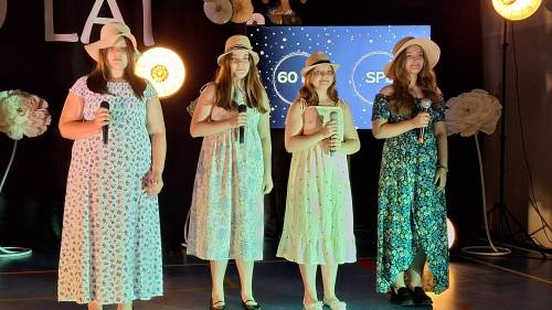 Na zdjęciu wokalistki w letnich sukienkach i  słomianych kapeluszach na scenie Jubileuszu