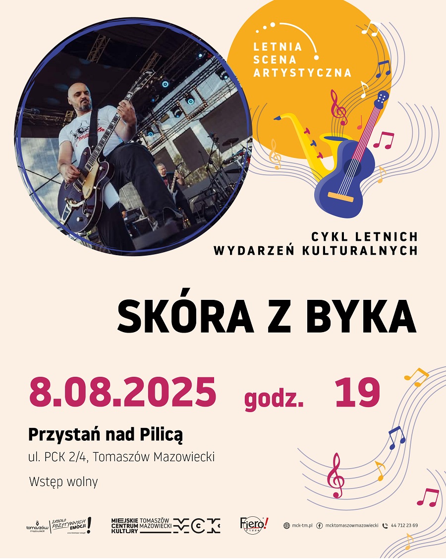 Na zdjęciu plakat koncertu Skóry z Byka w ramach Letniej Sceny Artystycznej. Na plakacie zdjęcie gitarzysty zespołu