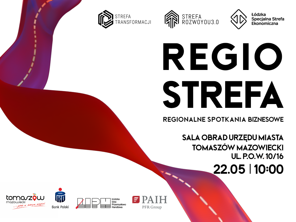 Na zdjęciu baner Regio Strefy - regionalnego spotkania biznesowego w Urzędzie Miasta w Tomaszowie Mazowieckim. Grafika - drogi jako wstęgi